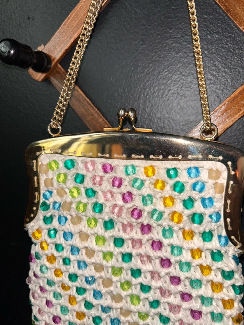 White Crochet Kisslock Mini Bag with Multicolor Bead Accents and Gold Chain - Picture 5 of 15